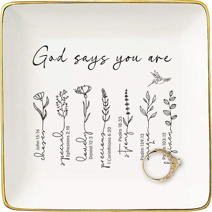 NZY Inspirational Christian Scripture Religious Bible Verse Reminder Gift for Women-Affirmation Positive Birthday Christmas Gift-Encouragement Jewelry Tray Trinket Holder Ring Dish,God Says You Are