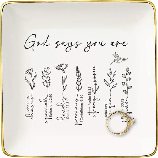 NZY Inspirational Christian Scripture Religious Bible Verse Reminder Gift for Women-Affirmation Positive Birthday Christmas Gift-Encouragement Jewelry Tray Trinket Holder Ring Dish,God Says You Are