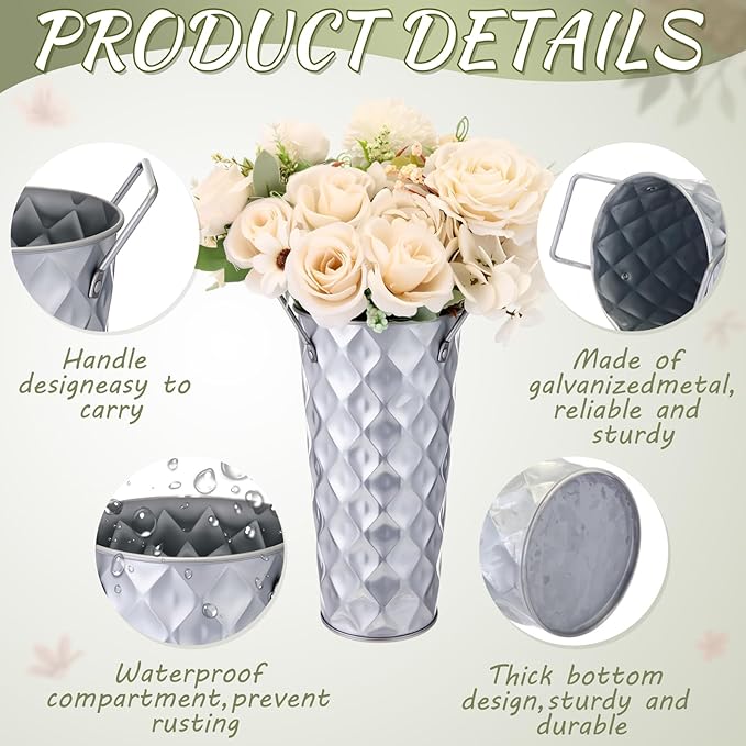 6 Pcs Silver Metal Flower Vases 9 Inch Galvanized Flower Bucket Spring Farmhouse French Bucket with Handles, Floral Vases for Centerpiece Bar Wedding Bouquet Table Decoration Supplies