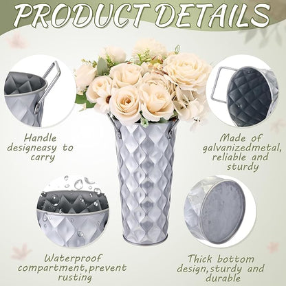 6 Pcs Silver Metal Flower Vases 9 Inch Galvanized Flower Bucket Spring Farmhouse French Bucket with Handles, Floral Vases for Centerpiece Bar Wedding Bouquet Table Decoration Supplies