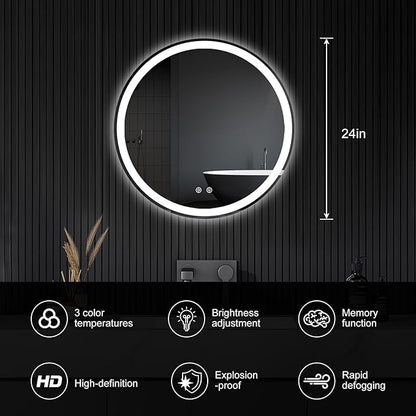 Sweetcrispy 24 Inch Round LED Bathroom Mirror with Lights, Circle Vanity Mirror with Anti-Fog, Dimmable, 3-Color Light, Memory Function, Tempered Glass
