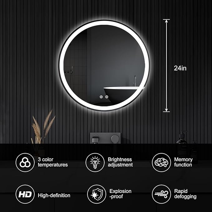 Sweetcrispy 30 Inch Round LED Bathroom Mirror with Lights, Circle Vanity Mirror with Anti-Fog, Dimmable, 3-Color Light, Memory Function, Tempered Glass