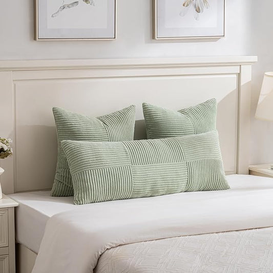 Fancy Homi Set of 2 Sage Green Boho Long Lumbar Body Decorative Throw Pillow Cover 14x36 Inch for Bed Couch Bedroom Bench, Soft Patchwork Corduroy Textured Pillow Case, Rustic Farmhouse Room Décor