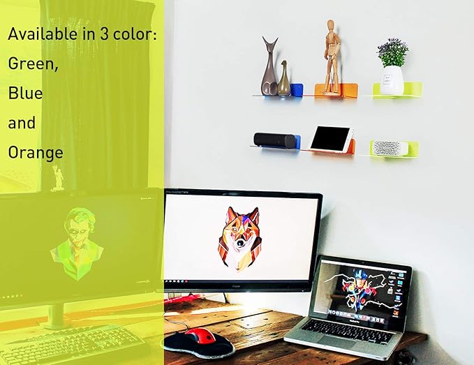 OAPRIRE 9 Inch Floating Wall Shelves Set of 2 - Personalize Expand Wall Space - Acrylic Small Wall Shelf for Bathroom, Bedroom, Living Room, Office, with Cable Clips - Clear Green