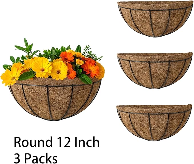 3-Pack Hanging & Wall-Mounted Plant Baskets with Natural Coconut Fiber Liner, Decorative Planters for Home Garden Patio Yard (3Pack HalfWall, 12Inch)