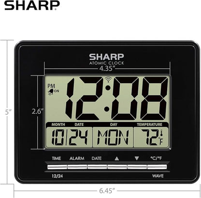 Sharp Atomic Desktop Clock – Auto Set Digital Alarm Clock - Atomic Accuracy - Easy to Read Screen with Time/Date/Temperature Display- Perfect for Nightstand or Desk