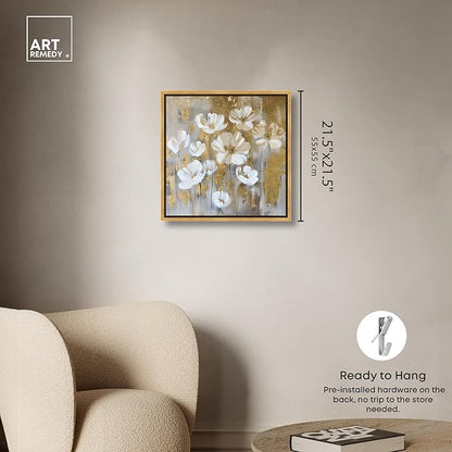Art Remedy Golden Daisies Canvas Elegant White Gold Wall Art, Gold Frame, 20" x 20"