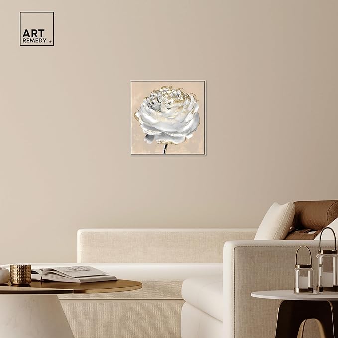 Art Remedy Beige Ranunculus Canvas Elegant White Gold Wall Art, Silver Frame, 24" x 24"