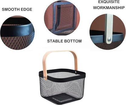 Metal Mesh Wire Basket, Small Steel Basket with Wooden Handle Storage Organizer Basket Multi-functional Hanging Kitchen Baskets Fruit Baskets for Kitchen Bathroom Cabinet Pantry Snacks, Black