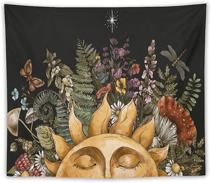 Vintage Sun Tapestry Wall Hanging,Hippie Boho Mushroom Floral Plant Tapestries for College Dorm Living Room Bedroom Decor(50"x60")