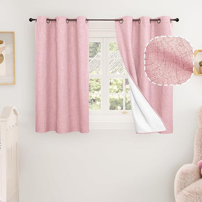 Lajode Baby Pink Linen Blackout Curtains for Nursery 45 Inch Length 2 Panels, Short Thermal Insulated Boho Total Black Out Noise Reducing Small Window Curtains for Girls Bedroom, Each 38 Inch Wide