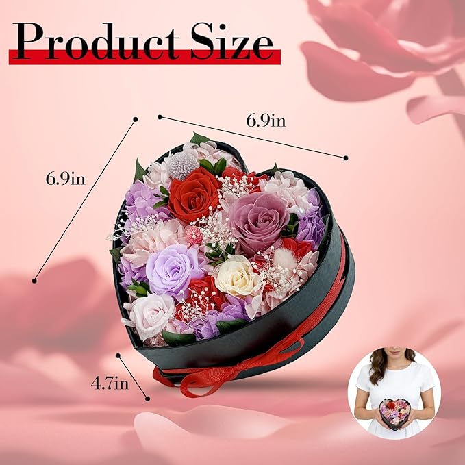 Preserved Roses Heart Shape Box Valentines Day Gifts for Her Mothers Day Forever Flowers (Multicolor-red, One Size)