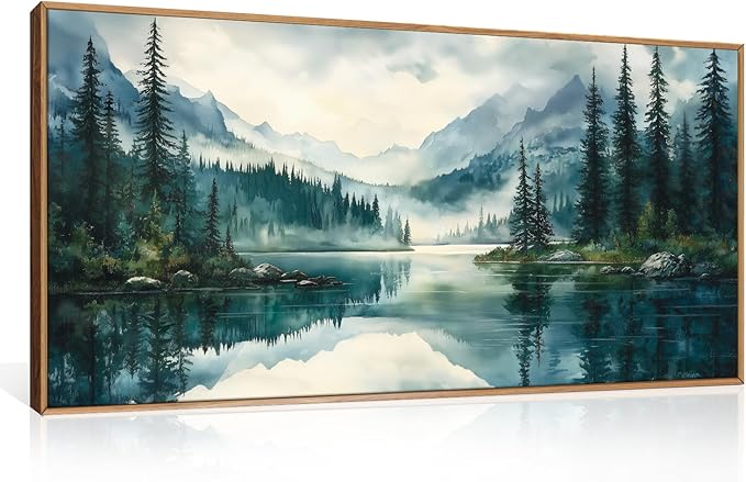 HLNIUC Green Foggy Forest Mountain Wall Art Framed,Large Boho Watercolor Pine Tree Wall Decor (20"x40"), Nature Dark Lake Landscape Scenery Canvas Painting for Living Room, Bedroom, Office