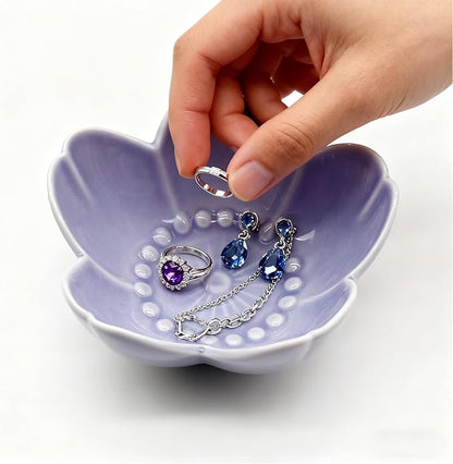Purple Flower Ring Dish Jewelry Tray, Ceramic Jewelry Dish, Small Trinket Dish, Nightstand Bathroom Decor Ring Holder, Jewlery Plate Bowl for Christmas Friendship Birthday Gifts for Women Mom
