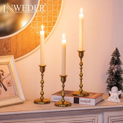 Brass Candlestick Holders Vintage: Gold Taper Candle Holder Metal Candle Sticks Holder Antique Decoration for Dinning Table Mantel Wedding Centerpieces Christmas Party Set of 3