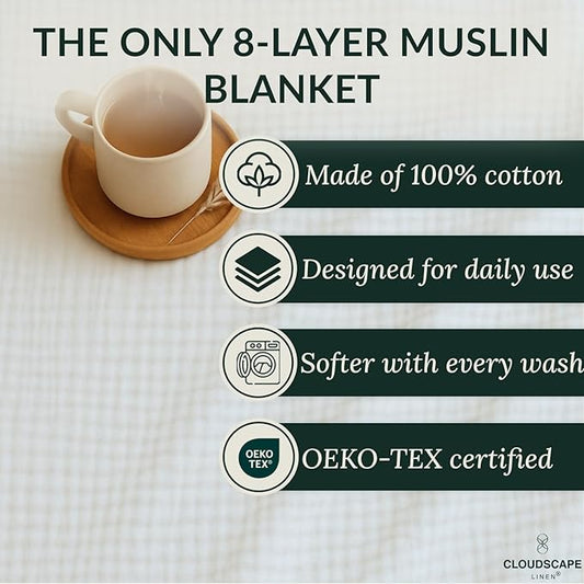 Cloud Scape Linen Extra Large 8 Layer Muslin Throw Blanket - 100% Cotton Gauze, Soft and Breathable, Winter Blanket for Couch, Sofa and Bed, Idea, 50x70, White
