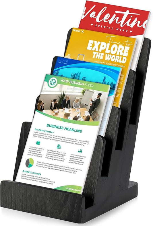 4 Tier Wood Brochure Display Stand 6 x 9 inch Black Brochure Holder Pamphlet Display Stand for 5.5 x 8.5 inch 5 x 7 inch Booklets Menus Postcard Holder Multi Purpose Organizer
