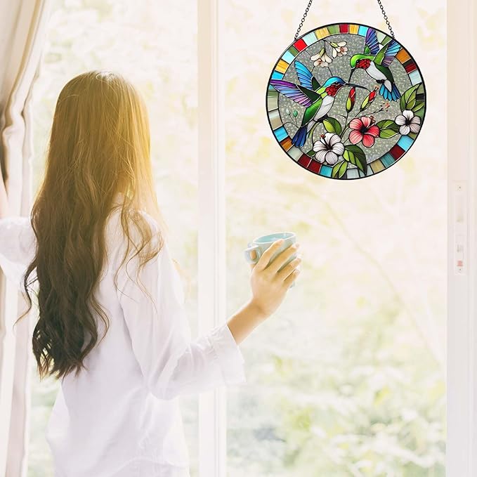 Hummingbird Sun Catcher Stained Glass Window Hanging Hummingbird Decor Gifts Bird Suncatcher for Window Decor Handmade Sun Catcher Decoration for Garden Home Housewarming Gifts