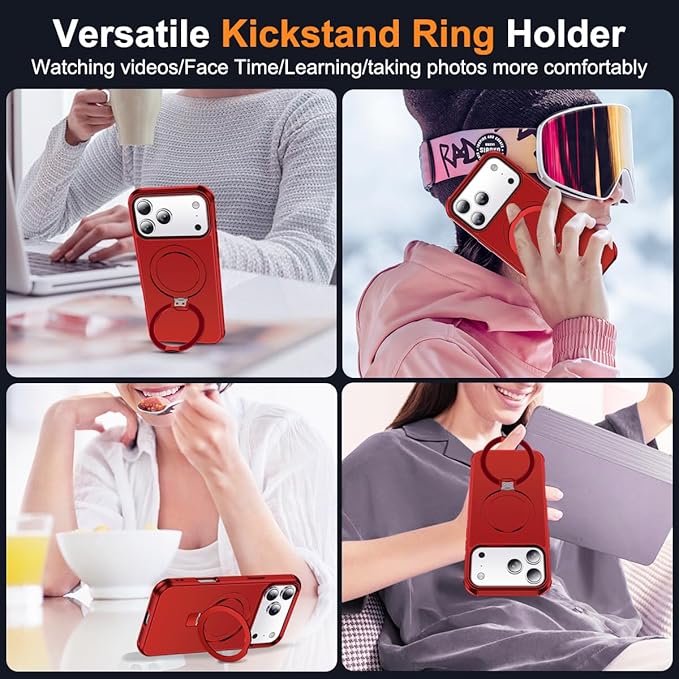 Compatible with iPhone 17 Pro Case with Invisible Magnetic O-Ring Stand Military-Grade Phone Case for iPhone 17 Pro 6.3" [Compatible with Mag-Safe][Great Grip Feeling], Red