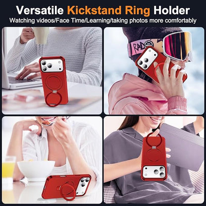 Compatible with iPhone 17 Pro Case with Invisible Magnetic O-Ring Stand Military-Grade Phone Case for iPhone 17 Pro 6.3" [Compatible with Mag-Safe][Great Grip Feeling], Red