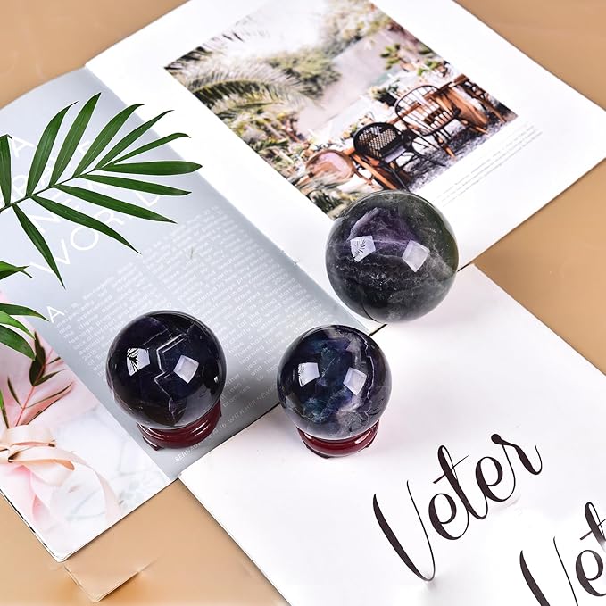 JIC Gem Natural Colorful Fluorite Crystal Sphere Decorative Ball with Wooden Stand Meditation Balls for Witchcraft Reiki Healing Gift 50-60mm