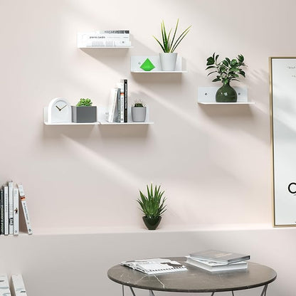 Hexsohoma 9 Inches White Floating Shelves, Acrylic Wall Shelves for Living Room, Bedroom, Bathroom, Kitchen, Office, Brand Store, Retails, Gaming Room, 4 Pack