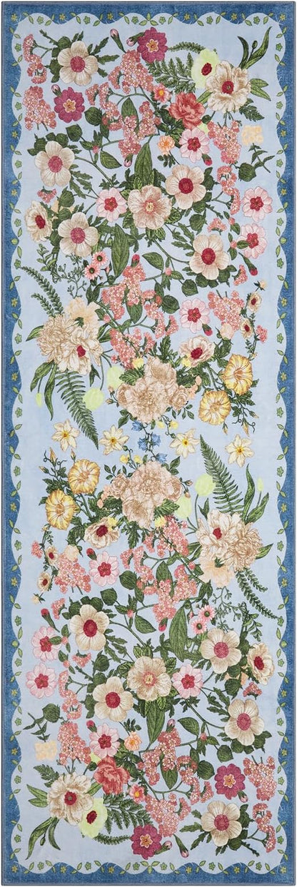 Floral Runner Rug 2x6 - Washable Vintage Kitchen Rug Low Pile Non-Slip Carpet for Entryway Hallway, Laundry, Bedroom - Soft, Stain Resistant Indoor Area Rug - Blue