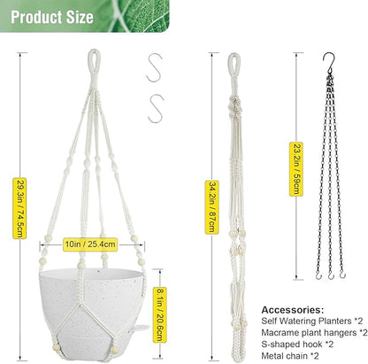 10 inch Self Watering Hanging Planters, 2 Pack Hanging Baskets for Indoor Outdoor Plants, Hanging Flower Pots with Drainage Holes and 2 Kinds of Plant Hangers for Garden Decor, Speckled White