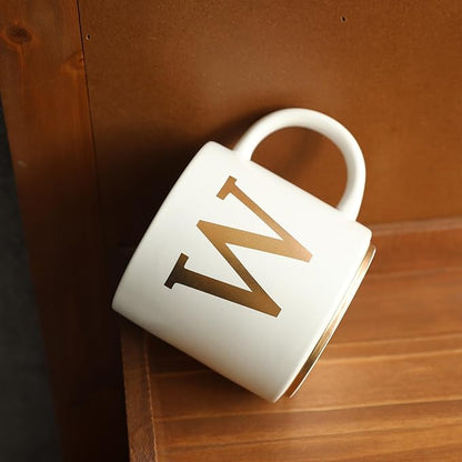 COLLECTIVE HOME - Monogram Ceramic Mugs, 15 oz Golden Initial Coffee Cups, Elegant Alphabet Tea Mugs, Elegant Personalized Mug with Gift Box, Unique Mug with Double Side Capital Letter (W)