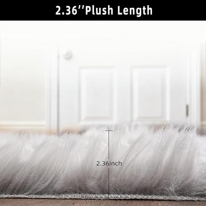 Grey Faux Fur Sheepskin Area Rug for Living Room Bedroom, 4 x 6 Feet Ultra Soft Shaggy Fuzzy Furry Carpet Chair Throw Large Rugs for Kids, Girls, Nursery Room Decor Dorms
