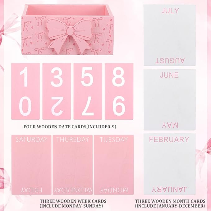 Pink Bow Wood Block Perpetual Calendar Coquettish Desk Decor Cute Month Week Date Display Decorative Block Calendar for Women Office Home Desk Gift for Women