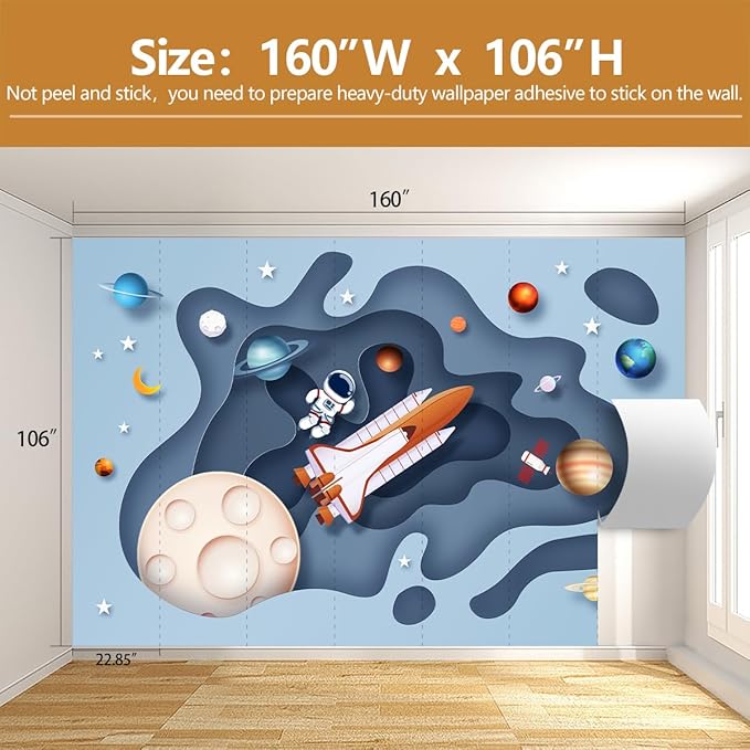 Space Wallpaper for Boys Room Cartoon Planet Astronauts Wall Murals for Kids Room Bedroom（Not Peel and Stick）
