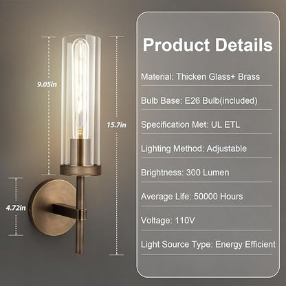 Bronze Wall Sconces, 15'' Brushed Brass Knurled Bathroom Sconces Wall Lighting Vanity Light with Clear Glass, Indoor Wall Mount Light for Living Room Mirror Bedroom Stairs