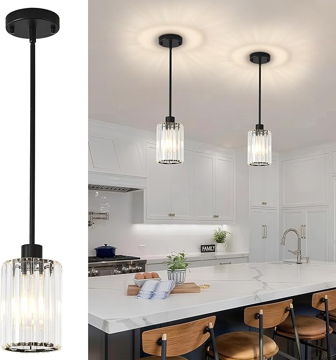 Crystal Pendant Lights for Kitchen Island, 2 Pack Modern Black Kitchen Pendant Light Fixtures, Mini Crystal Hanging Lights for Kitchen, Dining Room, Hallway, Foyer, Entryways
