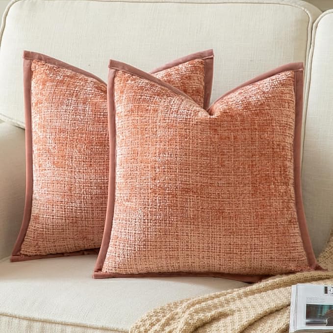 Yaertun Pack of 2 Chenille Textured Decorative Throw Pillow Covers Accent Solid Cushion Cover Soft Cozy Pillow Case with Velvet Back for Couch Sofa Bed Living Room 20x20 Inch Pink