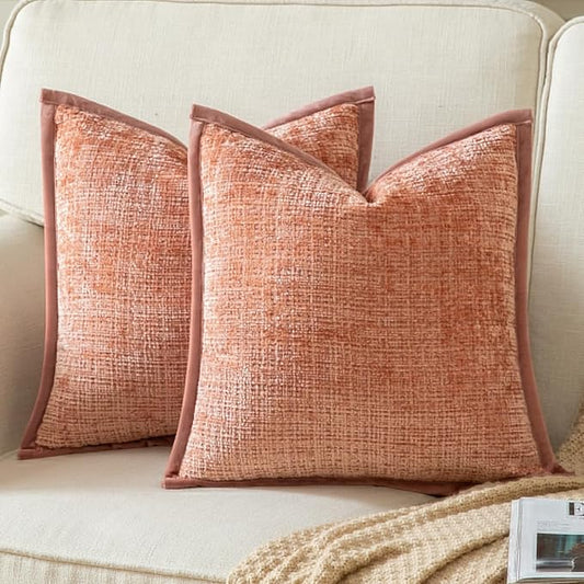 Yaertun Pack of 2 Chenille Textured Decorative Throw Pillow Covers Accent Solid Cushion Cover Soft Cozy Pillow Case with Velvet Back for Couch Sofa Bed Living Room 24x24 Inch Pink