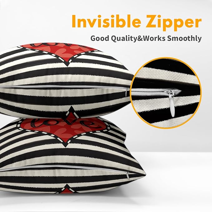 Valentines Day Pillow Covers 16x16 Set of 2 Black Red Heart Throw Pillow Covers Striped Love Pillowcase Linen Decoration Farmhouse Holiday Cozy Soft Cushion Case Couch for Indoor Outdoor Home Decor
