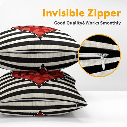 Valentines Day Pillow Covers 20x20 Set of 2 Black Red Heart Throw Pillow Covers Striped Love Pillowcase Linen Decoration Farmhouse Holiday Cozy Soft Cushion Case Couch for Indoor Outdoor Home Decor