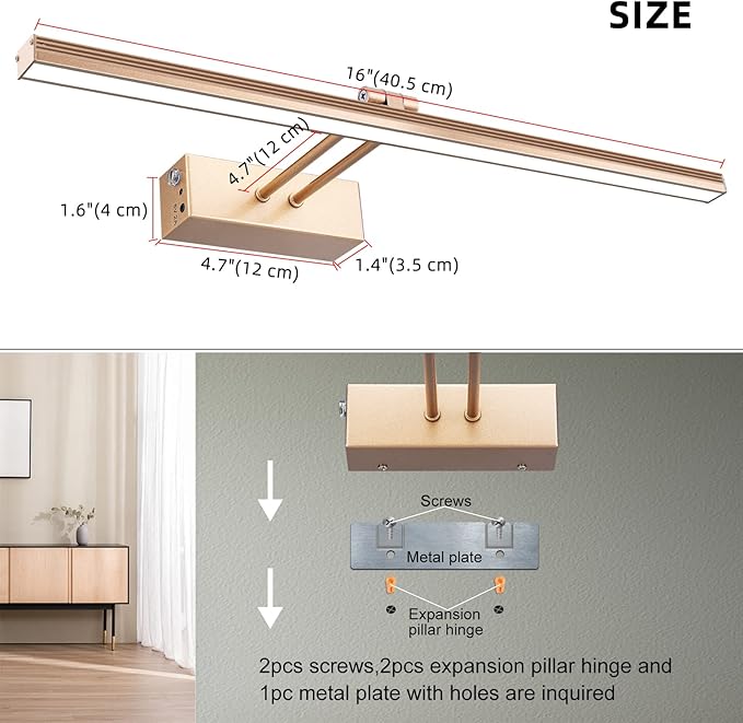 FUNCHDAY Picture Light,Battery Art Lights for Wall,Wireless Remote Painting Light with Timer and Dimmable,16”Metal Display Lighting for Artwork,Portrait,Gallery-Rosegold