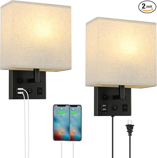 YBING Bedside Wall Lamp Set of 2, Modern Wall Sconces with Plug in Cord Nightstand Wall Lamps with Dual USB and AC Outlet Black Wall Lamps for Bedroom Living Room (2 Bulbs Included)