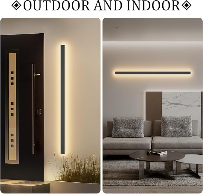 2 Pack 47.2In Long Outdoor LED Wall Lights IP65 Waterproof Black Modern Exterior Light 3000K for Courtyard Patio Porch