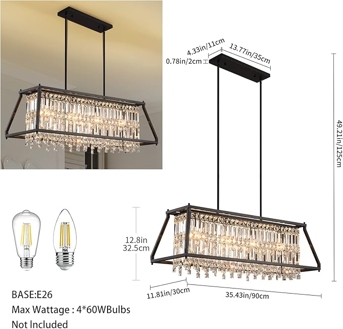 LMQNINE Chandeliers for Dining Room, 4-Light Trapezoidal Industrial Dining Room Light Fixture Farmhouse Chandelier Crystal Pendant Lights Kitchen Island Living Room (Black 35.43 inch)