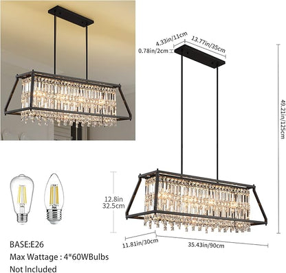 LMQNINE Chandeliers for Dining Room, 4-Light Trapezoidal Industrial Dining Room Light Fixture Farmhouse Chandelier Crystal Pendant Lights Kitchen Island Living Room (Black 35.43 inch)