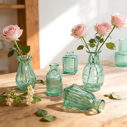 Aqua Green Glass Bud Vase Set of 12, Vintage Mini Flower Vases for Centerpieces, Wedding Table, Assorted Textured Small Glass Vase Bulk for Baby Shower, Bridal Shower, Parties, Home Decor