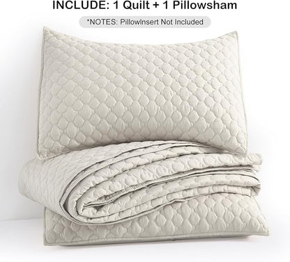 HORIMOTE HOME Quilt Set Twin Size Beige Bedspread, Modern Style Quilted Clouds Pattern Soft Coverlet Set Lightweight Microfiber Quilted Bedspread for All Season, Includes 1 Quilt and 1 Pillow Sham