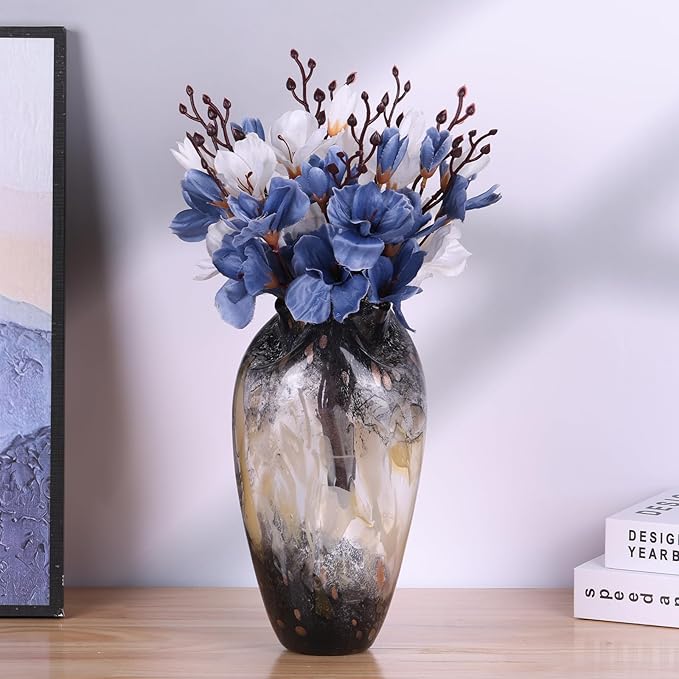 Abstract Art Hand Blown Glass Vase, Black Smoke Glass Vase for Flowers, Elegant Wide Mouth Glass Vase for Centerpieces, Vintage Glass Farmhouse Vase, Unique Modern Vase Decor for Home