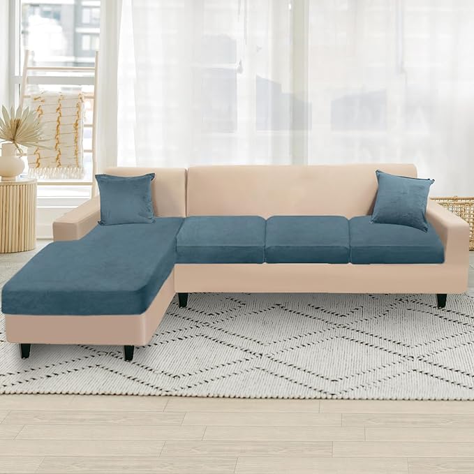 NAISI Sectional Couch Cover 4 Pieces Velvet Separate Couch Cushion Covers L Shape Soft Stretch Sofa Slipcovers with 2pcs Pillowcases for Left/Right Chaise Sectional Couch(3 Seater+1 Chaise,Teal)