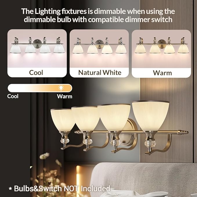 ANDY STAR Bathroom Light Fixtures Over Mirror, 4-Light Brushed Nickel Vanity Lights for Bathroom, 27.8 Inch Vintage Wall Sconce with Milk White Bell Glass Shades, Rustproof Silver Finish, E26 Base
