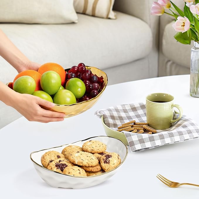 Ceramic Fruit Bowl for Kitchen Counter - 2 Tier Fruit Bowls with Metal Stand, Tiered Fruit Basket Stand for Countertop, Snack, Nuts, Cake, Dessert, Small & Cute (Gold)