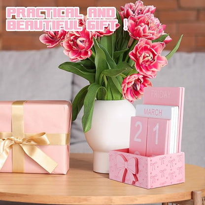 Pink Bow Wood Block Perpetual Calendar Coquettish Desk Decor Cute Month Week Date Display Decorative Block Calendar for Women Office Home Desk Gift for Women